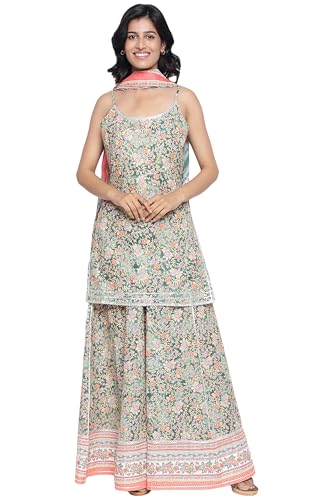 Aurelia WomenS Pine Green Floral Printed Lace Pure Cotton Kurta, Skirt And Stole Set (Size: S)-As16017-509471