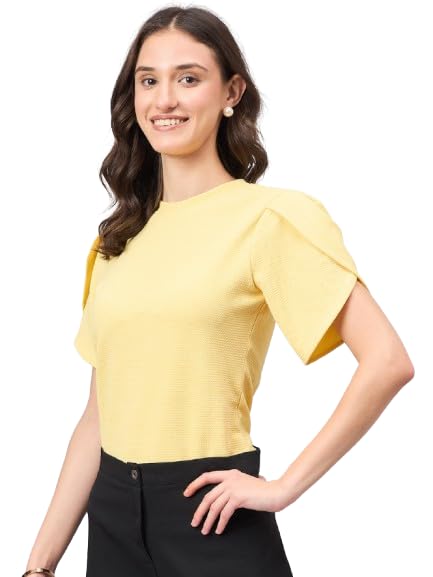 Style Quotient Women Solid Light Yellow Poly Knit Smart Casual Regular Tulip Sleeve Top