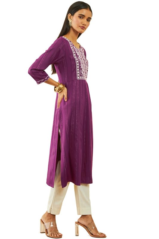 Soch Womens Wine Rayon Paisley and Floral Embroidered Yoke Round-Neck Straight Kurta