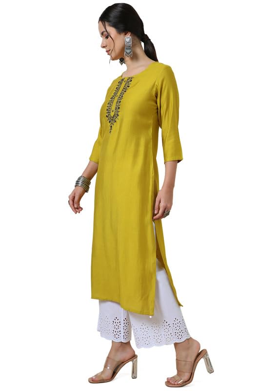Soch Womens Mustard Yoke Design Viscose Blend Kurta With Cutdana