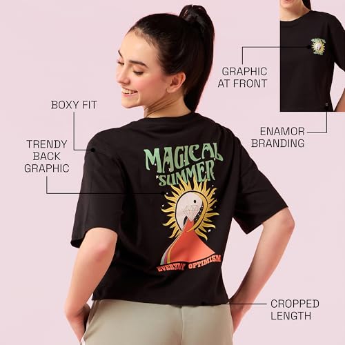 Enamor Womens Graphic Oversized Fit T-Shirt (E3G5_Jet Black Magical