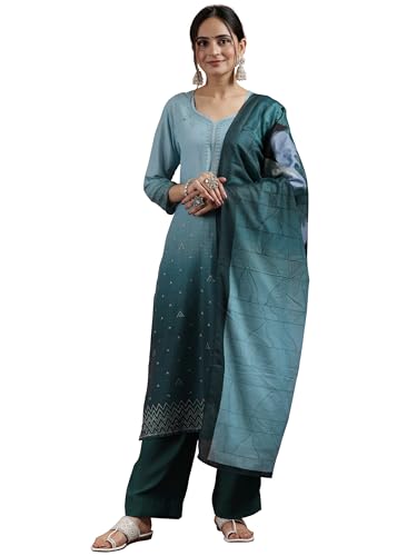 Libas Womens Embellished Muslin Straight Kurta With Trousers And Dupatta