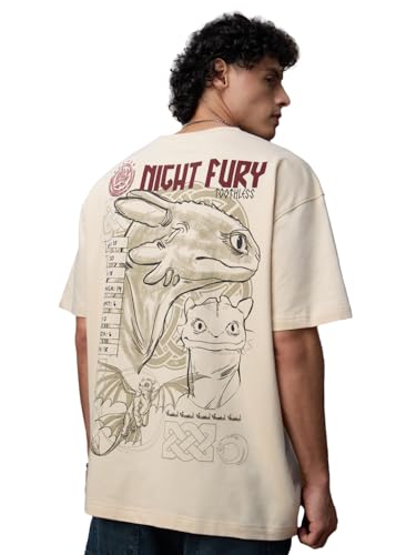 The Souled Store Disney: Night Fury Men and Boys Short Sleeves Round Neck Beige Graphic Printed Cotton Oversized T-Shirts
