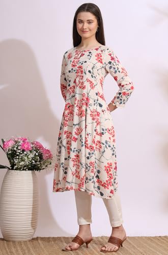 W for Woman Light Beige Floral Printed Rayon Flax Anarkali Kurta with Lace