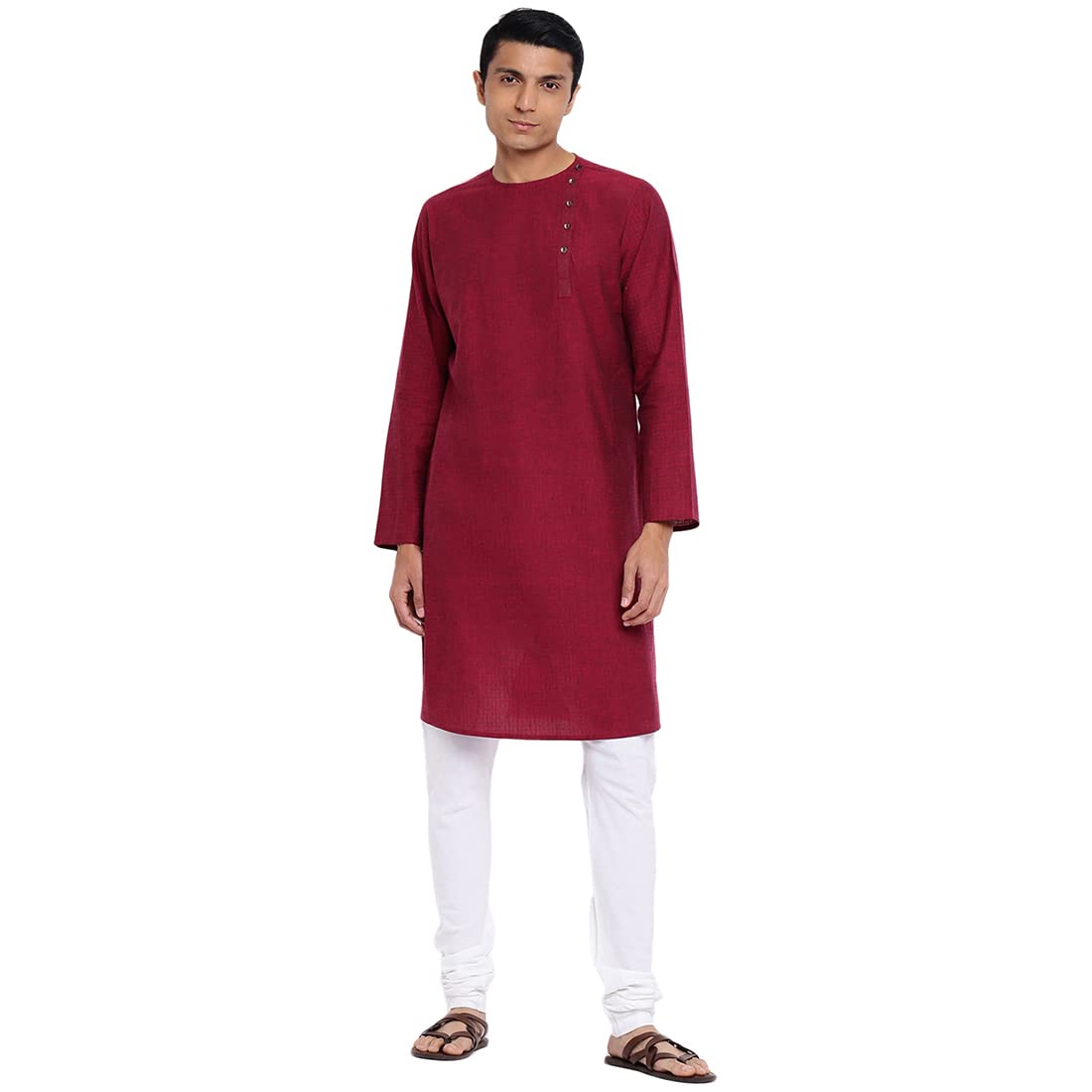 Fabindia Men Cotton Dobby Printed Long Kurta Maroon_S