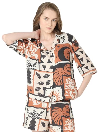 Vero Moda Women Abstract Print Brown Linen Regular Fit Shirt