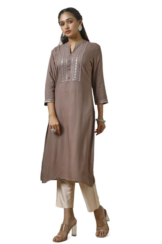 Soch Womens Earth Rayon Embroidered Kurta with Faux Mirror