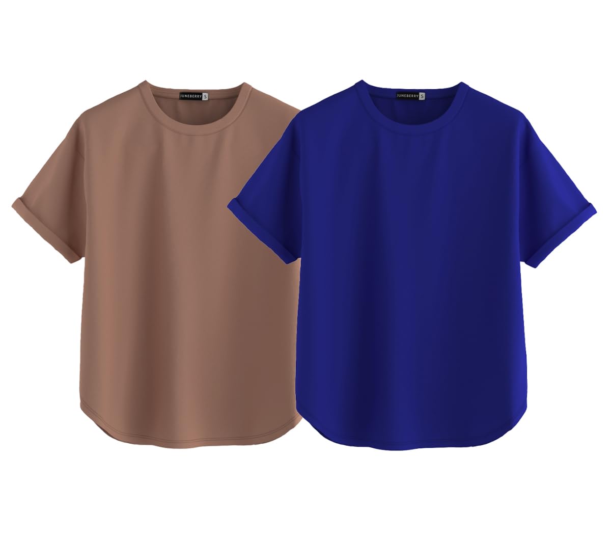 Juneberry Pure 100% Cotton Oversized Loose Baggy Fit Round Neck With Drop Shoulder Cork & Royal Blue Half Sleeves Boyfriend T-Sh