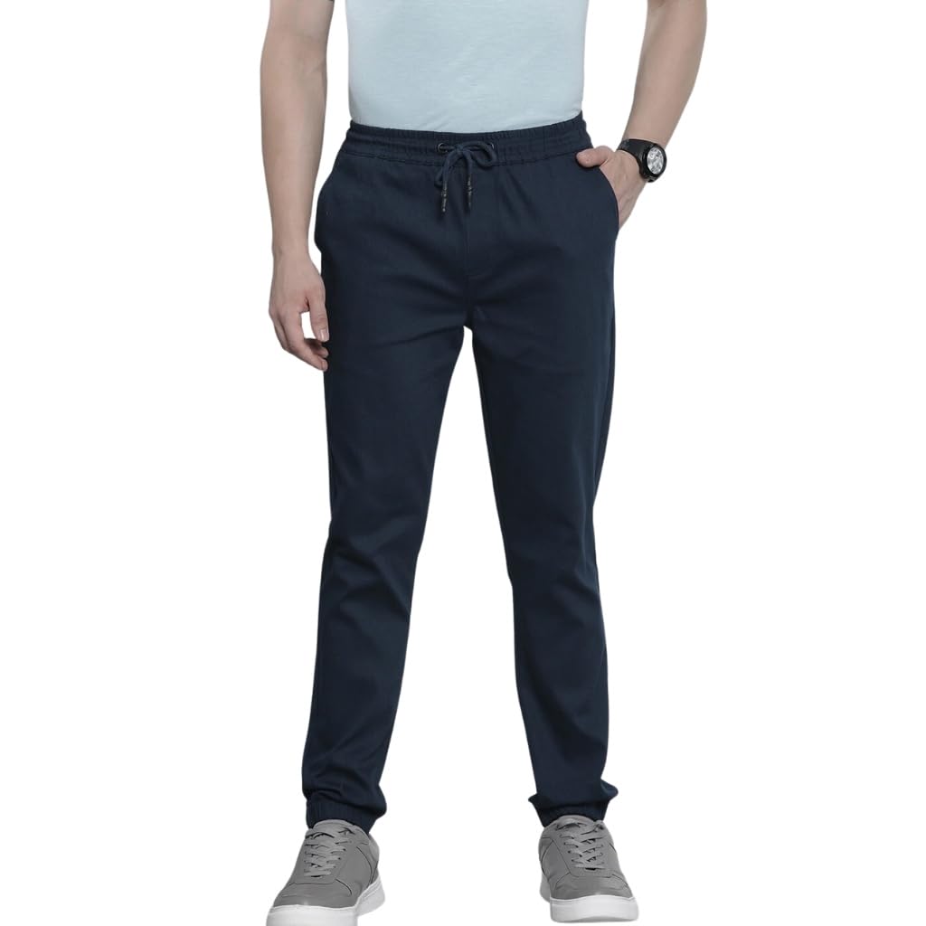 The Indian Garage Co Men Slim Fit Solid Mid-Rise Stretchable Chino Joggers Navy Blazer