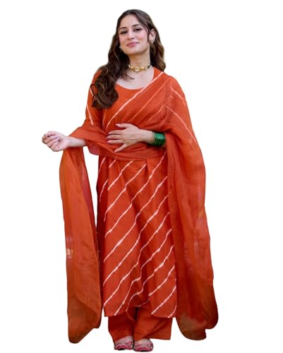 Anni Designer WomenS Rayon Viscose Straight Laheriya Printed Kurta With Pant & Dupatta (Tai Orange_Xxl_Orange_Xx-Large)