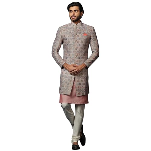 Kisah MenS Grey And Pink Indo-Western Kurta Sherwani Churidar Set Cotton Full Sleaves, Knee Length, Straight, Regular Fit, Mand