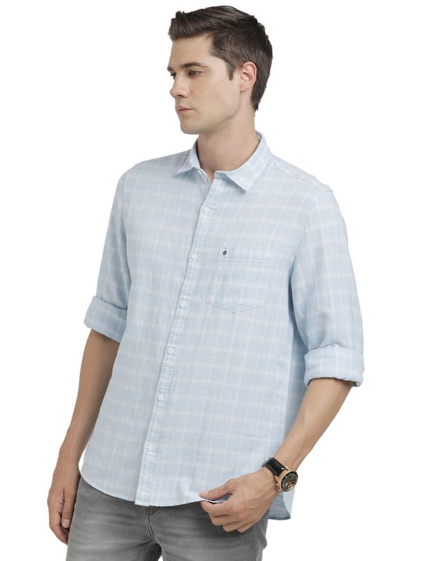 Turtle Men Cotton Linen Light Blue Check Slim Fit Casual Shirt