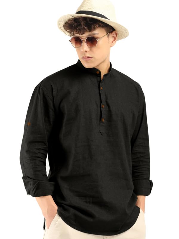 ROYALSCOUT Mens Cotton Polyester Blend Solid Regular Fit Full Sleeve Short Kurta Black