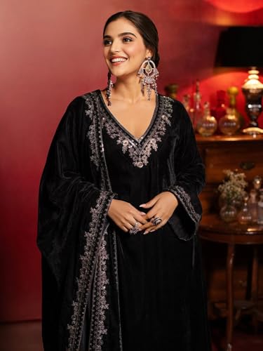 ishin Women's Black Yoke Design Zari Work Velvet Straight Kurta with Trousers & Dupatta