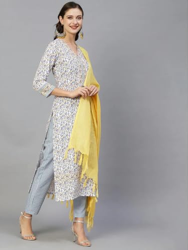 Tee Projekt WomenS Cotton Blend V Neck Straight Kurta Pant With Dupatta Set Ll Floral Printed Kurta Set Ll Regular Kurta Set Li