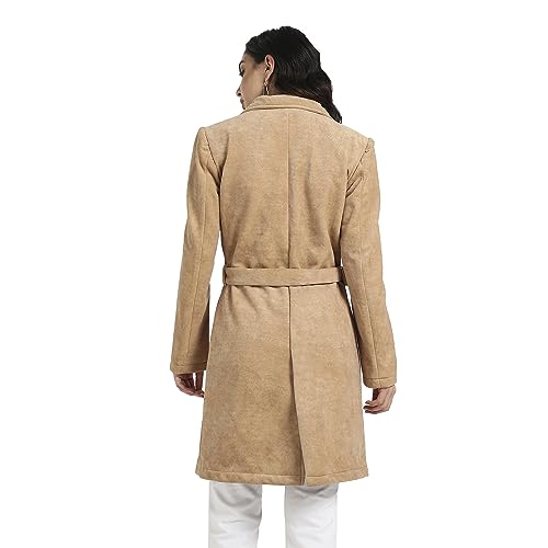 Campus Sutra Womens Beige Single-Breasted Long Coat with Belted Waist for Casual Wear | Lapel Collar | Long Sleeve | Button Clo