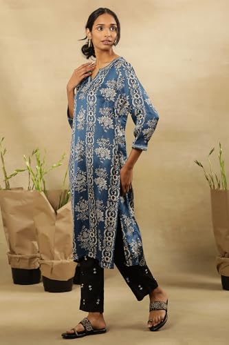 W for Woman Folksong by W Women Blue Festive Floral Print Viscose Straight Kurta