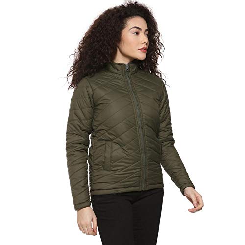 Campus Sutra Womens Olive Green Puffer Regular Fit Bomber Jacket for Winter Wear | Standing Collar | Full Sleeve | Zipper | Cas