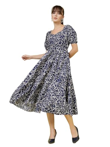 OOMPH! Womens Western & Fusion wear Printed Crepe Dress for Women, Puffed Sleeve, White - md990