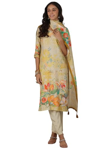 Libas WomenS Silk Blend Kurta Set (49255_Beige