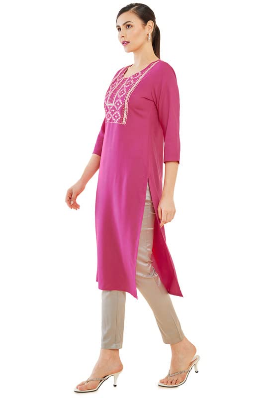 Soch Womens Pink Rayon Straight Kurta with Embroidered Yoke and Reflective Embellishments