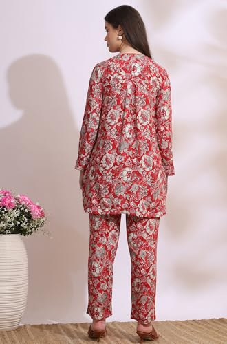 W for Woman Red Floral Printed Rayon Straight Short Kurti and Pants Co-ord Set