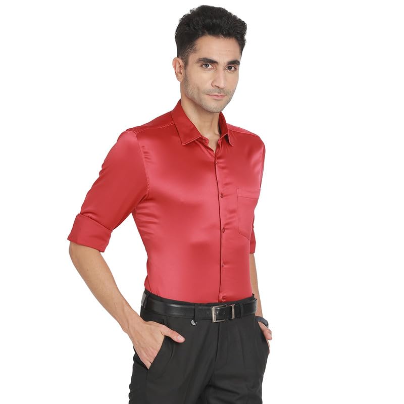 Turtle Men Poly Satin Slim Fit Red Solid Ceremonial Shirt
