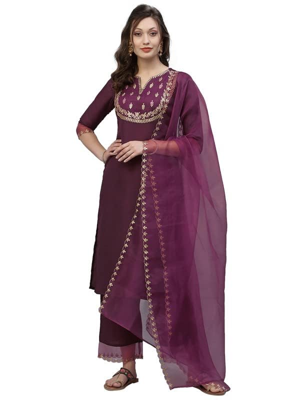 Sanisa Women's Embroidery Straight Kurta Set with Dupatta