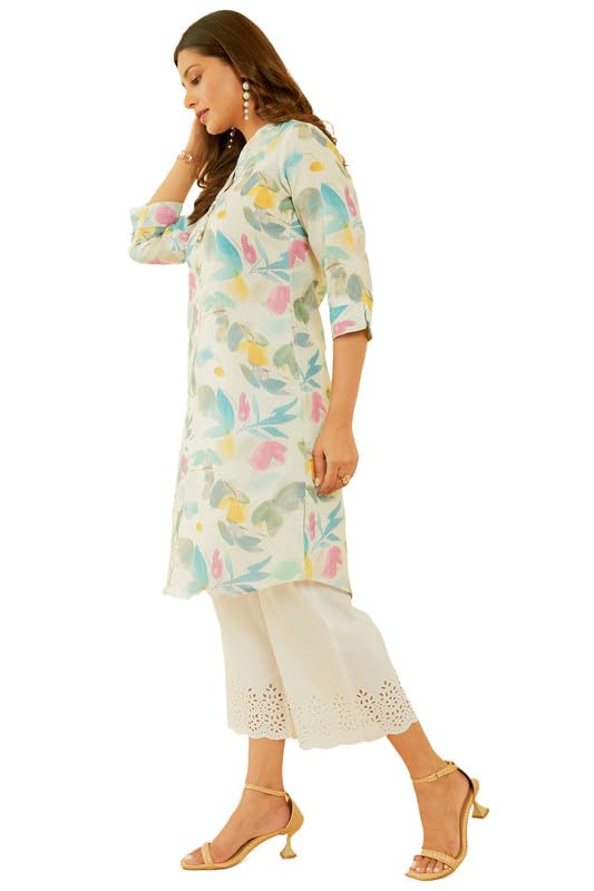 Soch Womens Off White & Blue Linen Blend Abstract Print Kurta