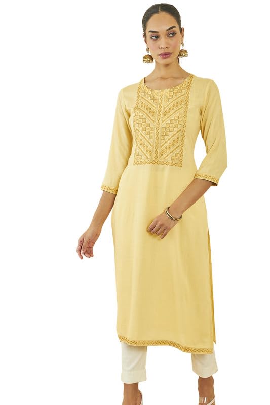 Soch Womens Light Yellow Rayon Slub Embroidered Kurta with Thread Work
