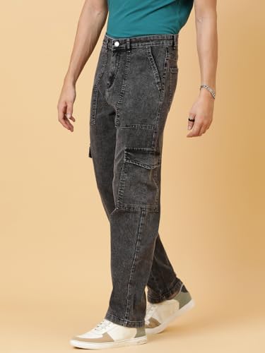 KOTTY Mens Solid Mid Rise Straight Fit Stylish Looking Cargo Jeans(Grey,34)