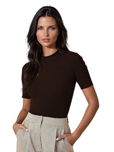KOTTY Womens Slim Fit Half Sleeve Ribbed T-Shirt(Brown_L)