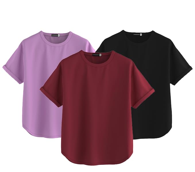 Juneberry Pure 100% Cotton Oversized Loose Baggy Fit Round Neck With Drop Shoulder Lilac & Maroon & Black Half Sleeves Boyfriend