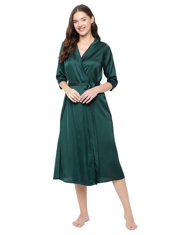 Clovia Womens Satin Solid Robe (NS6462O17_Green_S)