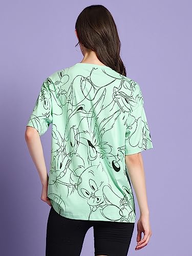 Bewakoof X Official Looney Tunes Merchandise Womens All Over Printed 100% Cotton T-Shirt - Oversized Fit, Round Neck, Half Slee