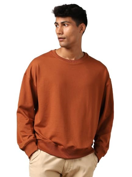 Nobero MenS Cotton Blend Crew Neck Sweatshirt (1M-Twss-R0005_Mocha Bisque