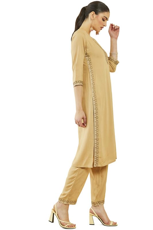Soch Womens Beige Rayon Slub Embroidered Kurta Sets with Pocket