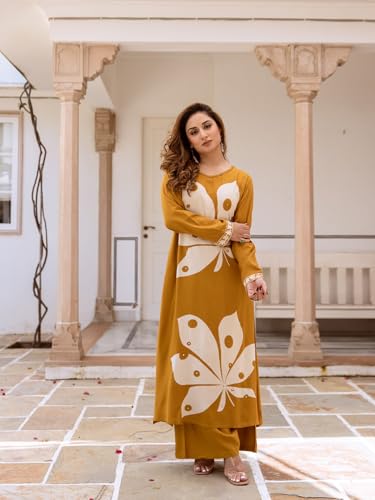 ishin Mustard placement printed kurta with solid palazzo