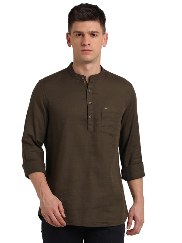 Turtle Men 100% Cotton Slim Fit Solid Casual Brown Kurta Shirt