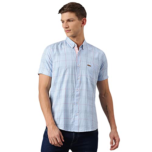 Thomas Scott MenS Checkered Slim Fit 100% Cotton Casual Shirt With Button Down Collar And Half Sleeve Blue