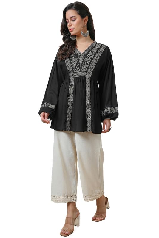 Soch Womens Black Floral Embroidered Rayon Tunic with Cuff Sleeves