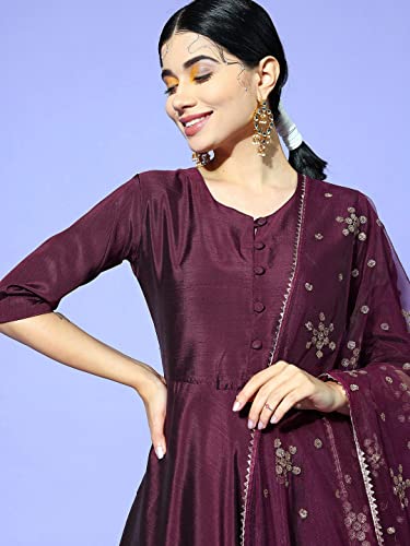 Womanista Women's Poly Georgette Burgundy Kurta Trousers & with Dupatta
