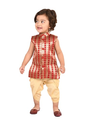 Jbn Creation Infant Boys Maroon And Gold Silk Blend Kurta And Dhoti Set