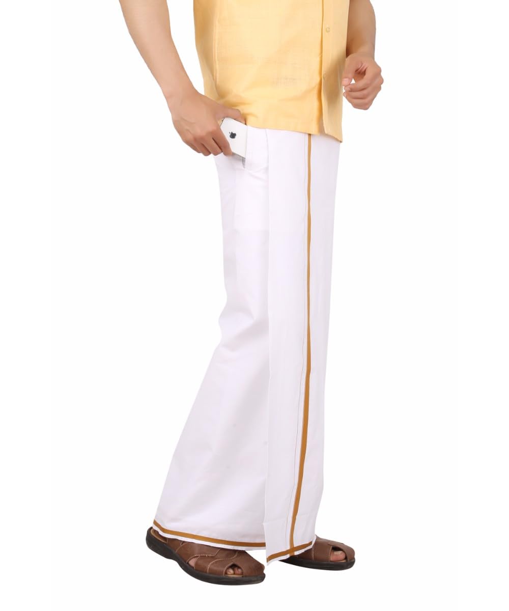 Prakasam Cotton -White Readymade Pocket Dhoti For Mens/Fine Quality White Readymade Dhoties For Mens- Gold Border