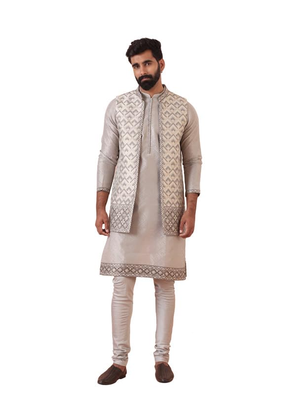 Kisah Mens Kurta Jacket Churidar Set|Silk Blend Fabric Self Design Pattern Mens Ethnic Wear|Regular Fit Mandarin Collar Long Sle