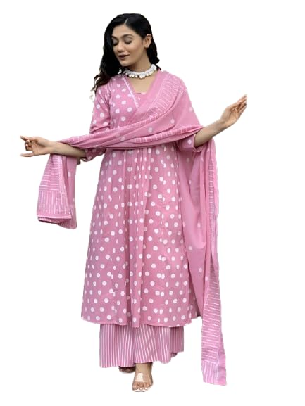 Pinkmint Polka Dot Printed Anarkali Muslin Kurta Set with Striped Palazzo & Dupatta Set for Women Elgant Festive & Casual wear P