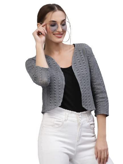 Style Quotient Women Grey Cotton self Design lace Crop Open Front Shrug