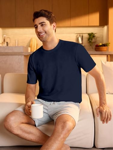 Shasmi Mens Navy Blue Rich Solid Round Neck Half Sleeve Plain Regular Fit Cotton T-Shirt l Comfortable and Versatile Fashion Te