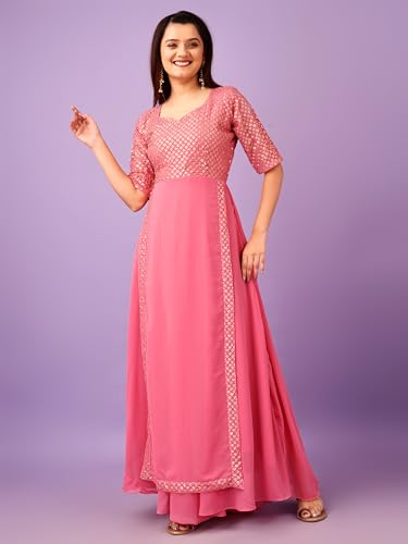 Fashion Basket Anarkali Kurta Set for Women, 2XL, Pink, Model E6219, Faux Georgette