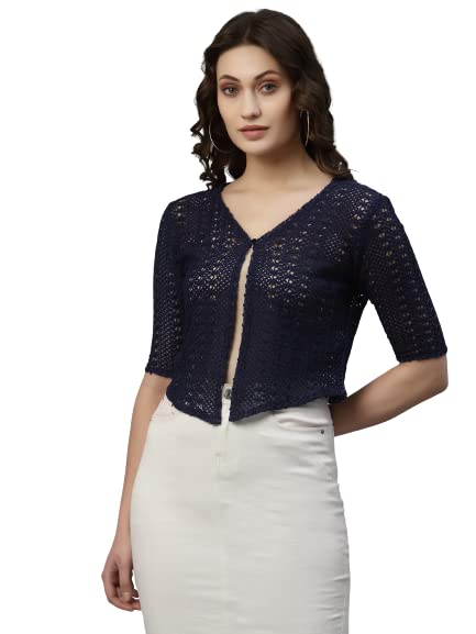 Style Quotient Women Self Design Navy Cotton lace Regular Smart Casual Shrug